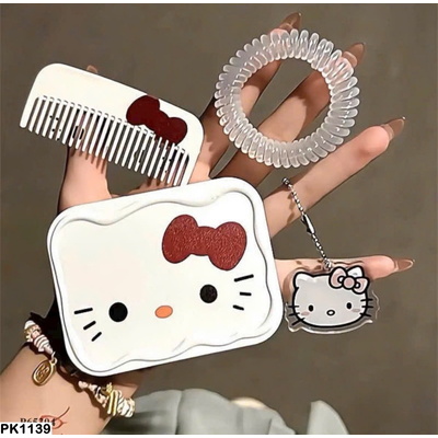 PK1139 Sét 4 Chi Tiết Gương + Lược + Dây Buộc Tóc + Sticker Hello Kitty