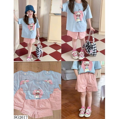 SG2617 BỘ ĐỒ BÉ GÁI ÁO PHÔNG IN HÌNH CÚN + QUẦN SHORT HỒNG