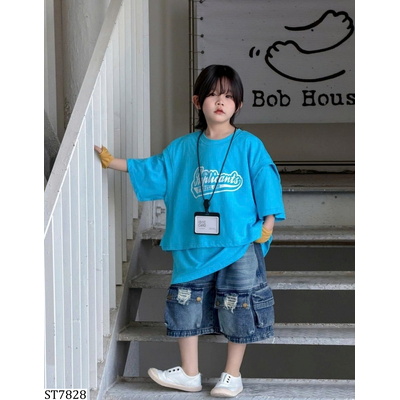 ST7828 ÁO THUN XANH MIX SHORT JEANS TÚI HỘP