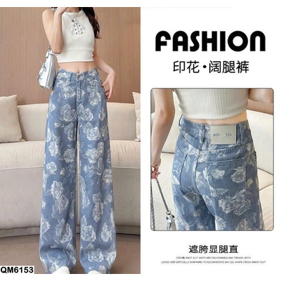 QM6153 QUẦN JEANS ỐNG RỘNG IN HOA