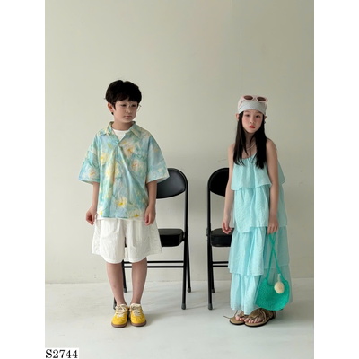 S2744 ÁO SƠ MI TAY NGẮN MIX QUẦN SHORT + VÁY HAI DÂY BÉ GÁI