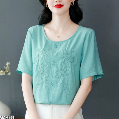 AM2853 ÁO THÊU HOA CỔ TRÒN CHO NỮ