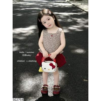 SG2754 SET ÁO SÁT NÁCH HOA NHÍ MIX CHÂN VÁY ĐỎ DÁNG BÍ
