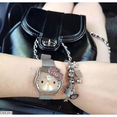 DH293 ĐỒNG HỒ THỜI TRANG MẶT MÈO KITTY DÂY LƯỚI CAO CẤP