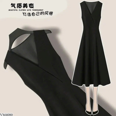 VM4080 VÁY ĐEN CỔ V SÁT NÁCH DÁNG DÀI