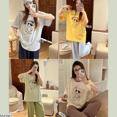 SM5065 BỘ MẶC NHÀ HÌNH CÚN PHỐI TAY ÁO KẺ