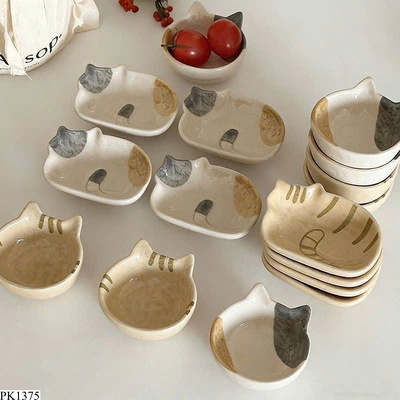 PK1375 Set 4 đĩa chấm bằng gốm sứ hình mèo Nhật Bản