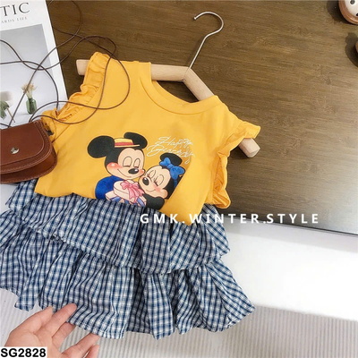SG2828 SET ÁO SÁT NÁCH MICKEY PHỐI CHÂN VÁY KẺ