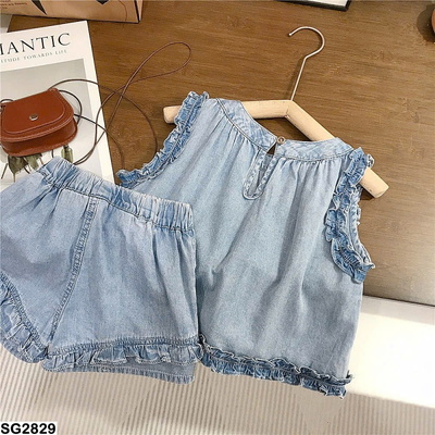 SG2829 SET DENIM ÁO SÁT NÁCH PHỐI QUẦN SHORT CHO BÉ GÁI