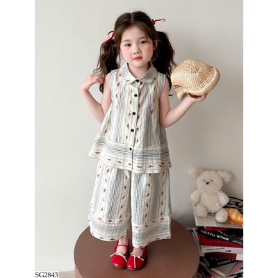 SG2843 SET ÁO SƠ MI SÁT NÁCH MIX QUẦN ỐNG RỘNG