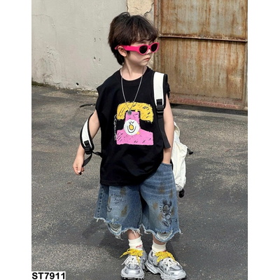 ST7911 TANKTOP ĐEN MIX SHORT MICKEY RÁCH GẤU AFTE