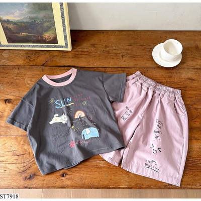 ST7918 SÉT ÁO XÁM MIX SHORT HỒNG
