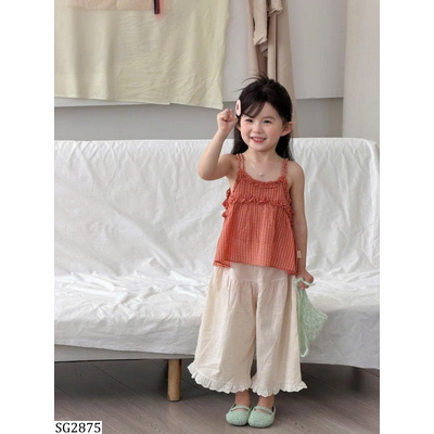 SG2875 SET ÁO 2 DÂY CARO MIX QUẦN KEM DỄ THƯƠNG