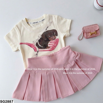 SG2887 SET ÁO HÌNH CÚN PHỐI VÁY XẾP LY HỒNG