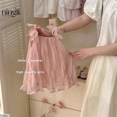 V0083 VÁY 2 DÂY BABYDOLL PHỐI CÁNH HOA BÉ GÁI NINGLI