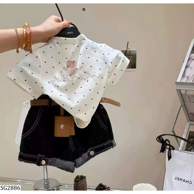 SG2886 SET ÁO CHẤM BI PHỐI QUẦN SHORT JEAN