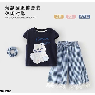 SG2901 SET ÁO MÈO PHỐI QUẦN KẺ CARO VIỀN REN