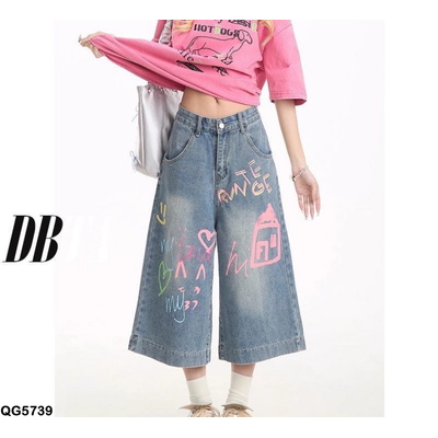 QG5739 QUẦN JEANS NỮ ỐNG RỘNG HỌA TIẾT