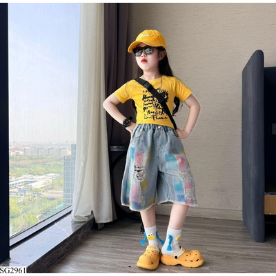 SG2961 ÁO CROPTOP VÀNG MIX JEANS SẮC MÀU
