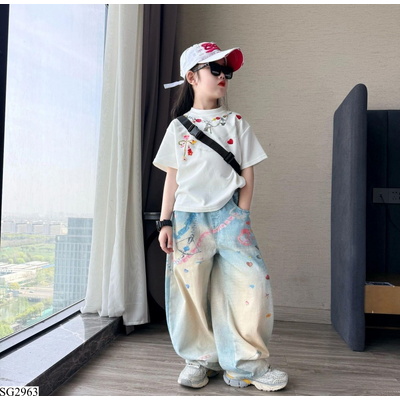 SG2963 ÁO THUN IN VÒNG CỔ MIX JEANS SUÔNG BẠC GỐI