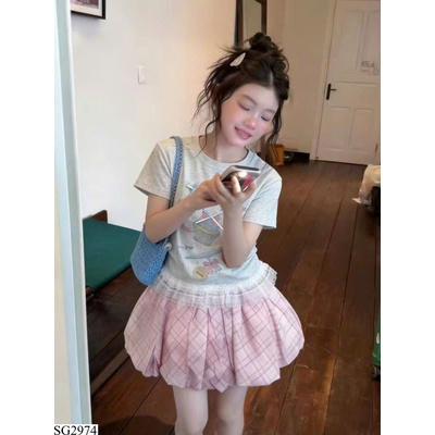 SG2974 SET ÁO PHÔNG VIỀN BÈO MIX CHÂN VÁY BÍ