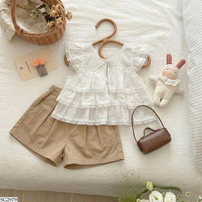 SG2979 SET ÁO BÈO TẦNG MIX SHORT CHO BÉ GÁI