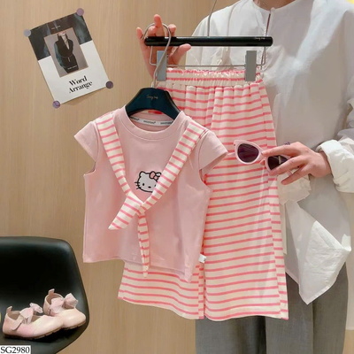 SG2980 SET ÁO KITTY MIX QUẦN KẺ HỒNG