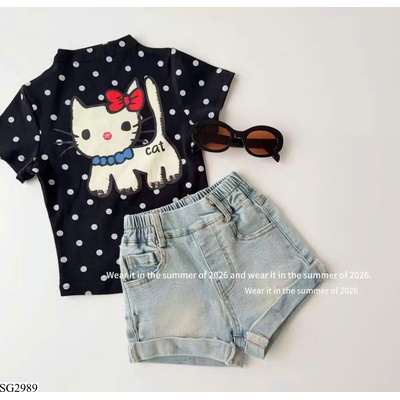 SG2989 ÁO PHÔNG HÌNH MÈO MIX QUẦN SHORT JEAN