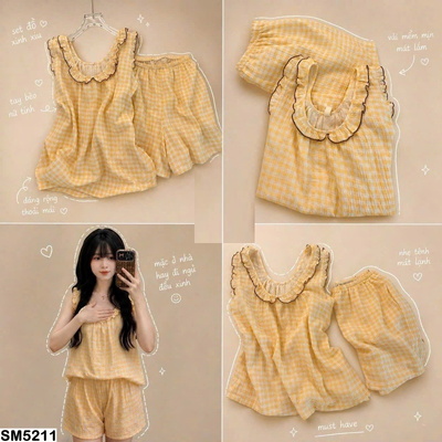 SM5211 SET BỘ NGỦ BA LỖ KẺ CARO VÀNG