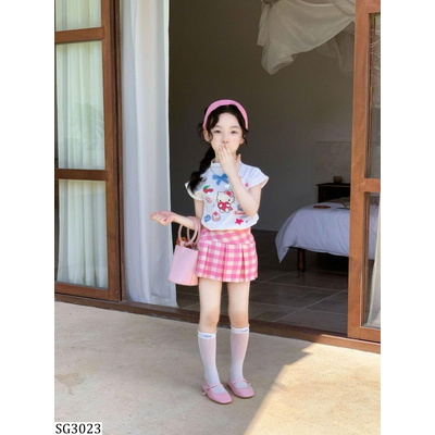 SG3023 ÁO PHÔNG KITTY MIX VÁY CARO HỒNG