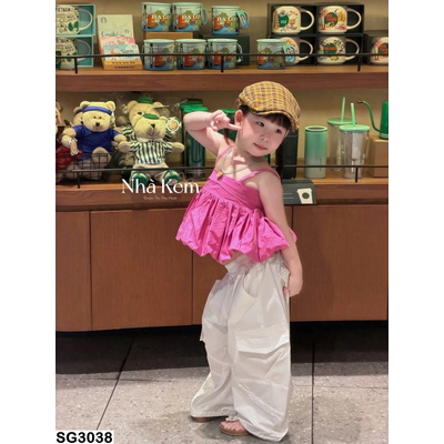 SG3038 SET ÁO BABYDOLL HỒNG PHỐI QUẦN BAGGY CHO BÉ
