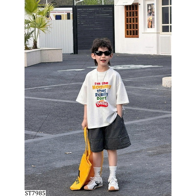 ST7985  ÁO PHÔNG CHỮ MIX SHORT JEAN NGẮN