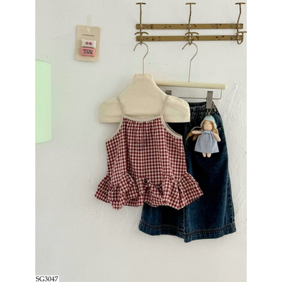 SG3047 ÁO CARO 2S MIX QUẦN JEAN ỐNG RỘNG 