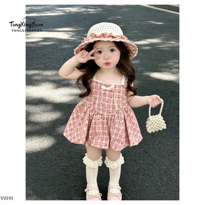 V0191 VÁY KẺ PHỐI REN CHO BÉ