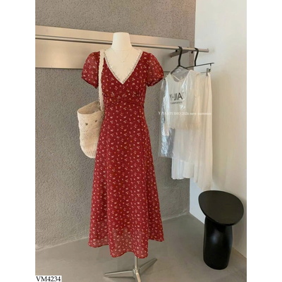 VM4234 VÁY HOA NHÍ CỔ V DÁNG DÀI HÃNG Yjia
