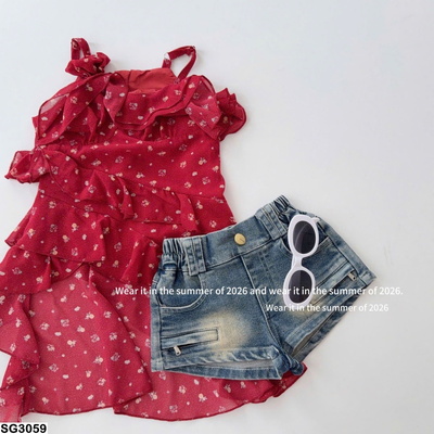 SG3059 SET ÁO HAI DÂY KIỂU VÁY PHỐI QUẦN SHORT JEANS CHO BÉ
