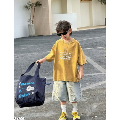 ST8003 ÁO THUN VÀNG MIX SHORT JEANS RÁCH MSHOPKIDS
