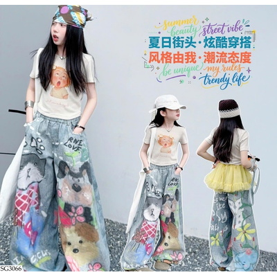 SG3066 CROPTOP MIX QUẦN SUÔNG IN THÚ CƯNG