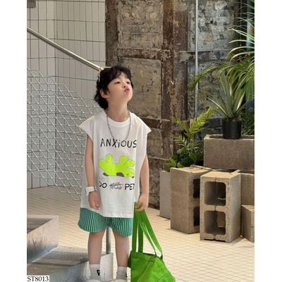 ST8013 TANKTOP TRẮNG MIX SHORT SỌC XANH FANSHU