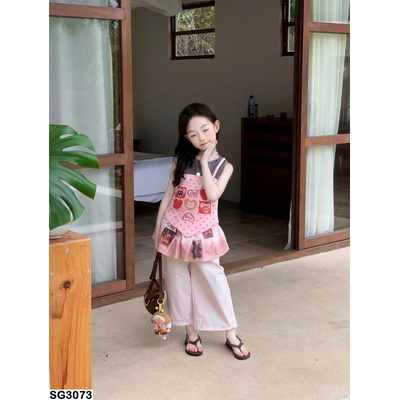 SG3073 SET ÁO SÁT NÁCH CHẤM BI TIM PHỐI QUẦN SUÔNG CHO BÉ