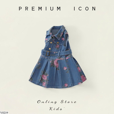 V0219 ĐẦM JEANS HOA KÈM THẮT LƯNG CHO BÉ