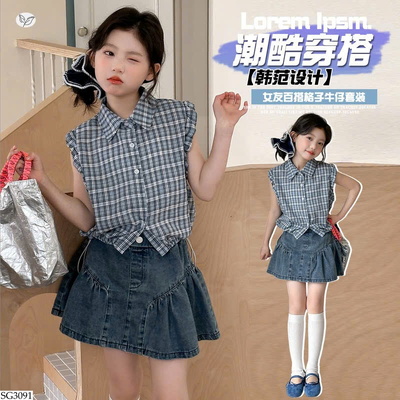 SG3091 ÁO SƠ MI KẺ PHỐI CHÂN VÁY DENIM
