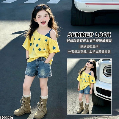SG3087 SET ÁO NGÔI SAO TRỄ VAI MIX QUẦN SHORT DENIM