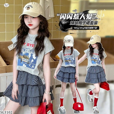 SG3102 SET ÁO PHÔNG XÁM MIX CHÂN VÁY CARO
