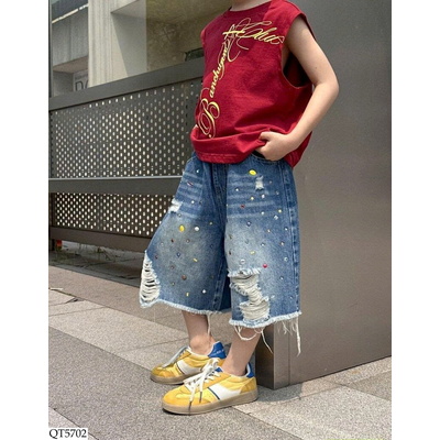 QT5702 JEANS LỠ RÁCH GẤU ĐÍNH ĐÁ SẮC MÀU