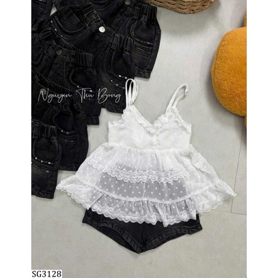 SG3128 SET ÁO 2 DÂY MIX SHORT JEANS ĐEN