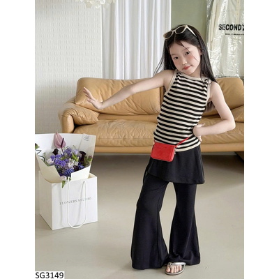 SG3149 SET ÁO 3 LỖ KẺ MIX QUẦN ỐNG LOE AMBB
