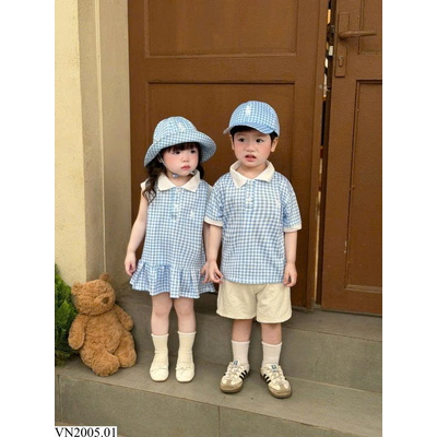 VN2005.01 SET POLO KẺ BÉ TRAI VÀ VÁY KẺ BÉ GÁI KÈM MŨ