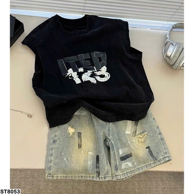 ST8053 SET ÁO BA LỖ CHỮ MIX QUẦN SHORT DENIM