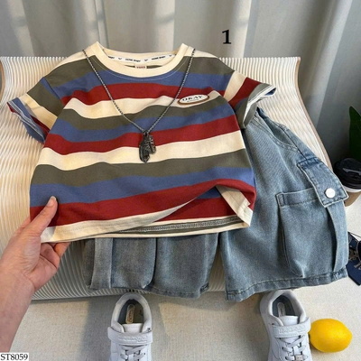 ST8059 SET ÁO KẺ PHỐI QUẦN SHORT JEAN CHO BT